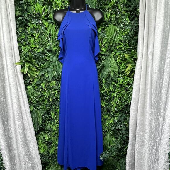 Lulus Dress Women Medium Royal Blue Halter‎ Maxi Ruffle Sleeves Formal Gown 2667 - Picture 7 of 9